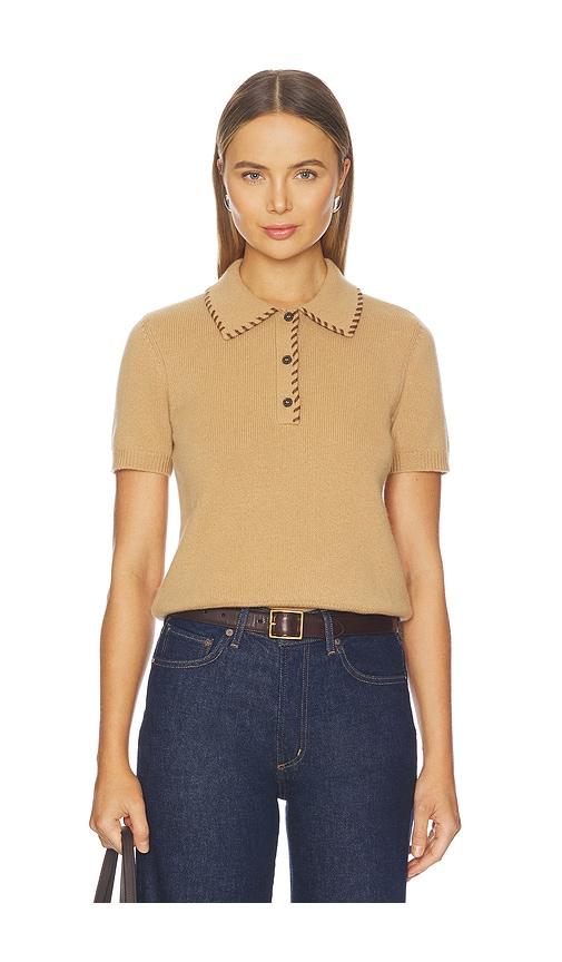 frame the leather stitch polo top in tan. - size l (also in s)