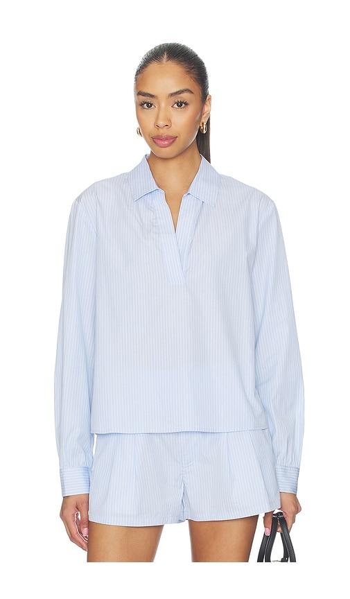 frame the striped long sleeve popover top in baby blue. - size m (also in xs, s)