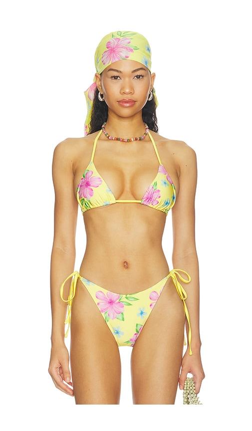 frankies bikinis nick beaded satin bikini top in yellow. - size s (also in xs)