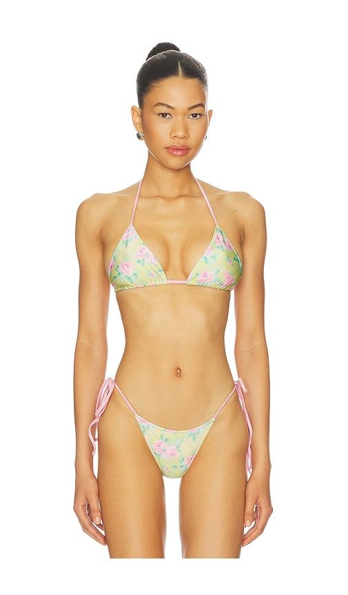 frankies bikinis nick satin bikini top in green,pink. - size l (also in m)