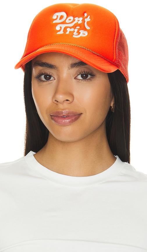 free & easy don't trip trucker hat in orange.