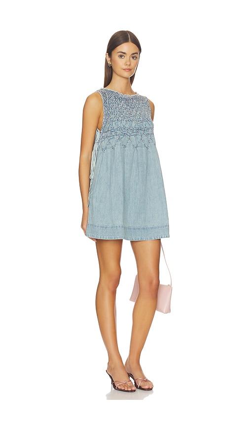 free people maisie smocked denim mini dress in denim-light. - size l (also in m, s, xl, xs)