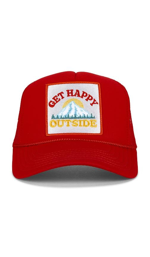 friday feelin get happy outside trucker hat in red.