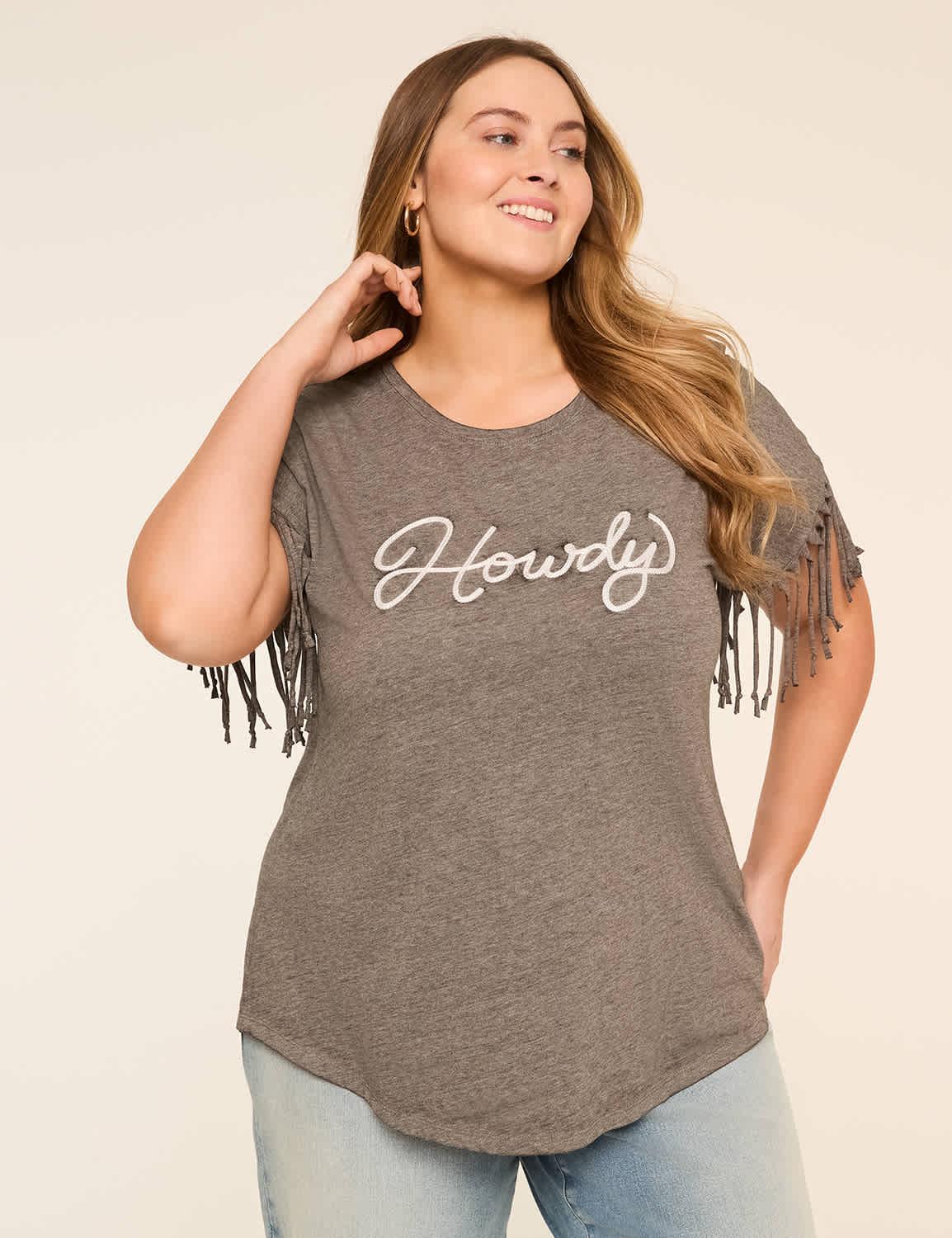 fringed dolman-sleeve howdy graphic tee