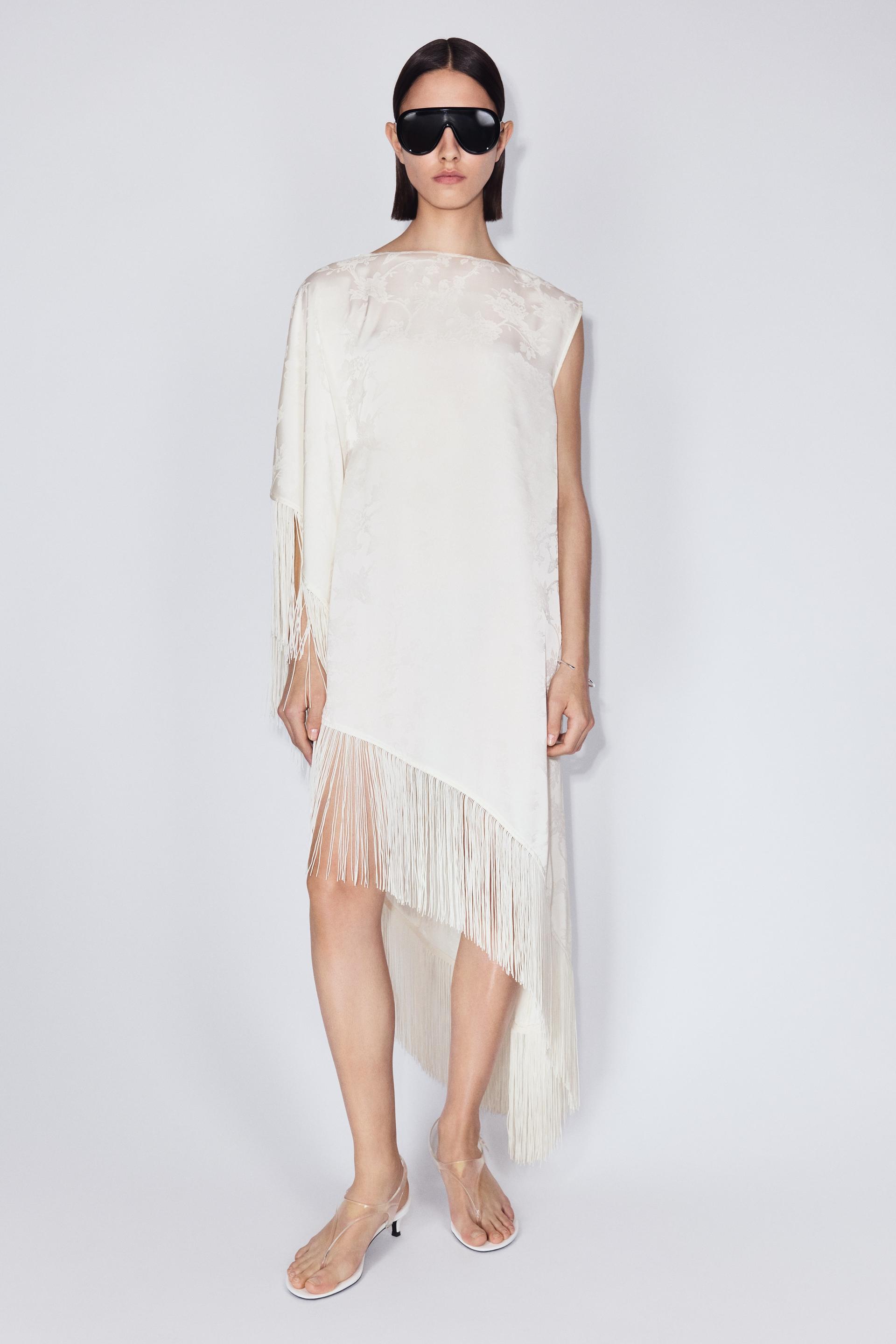 fringed one-shoulder kaftan dress