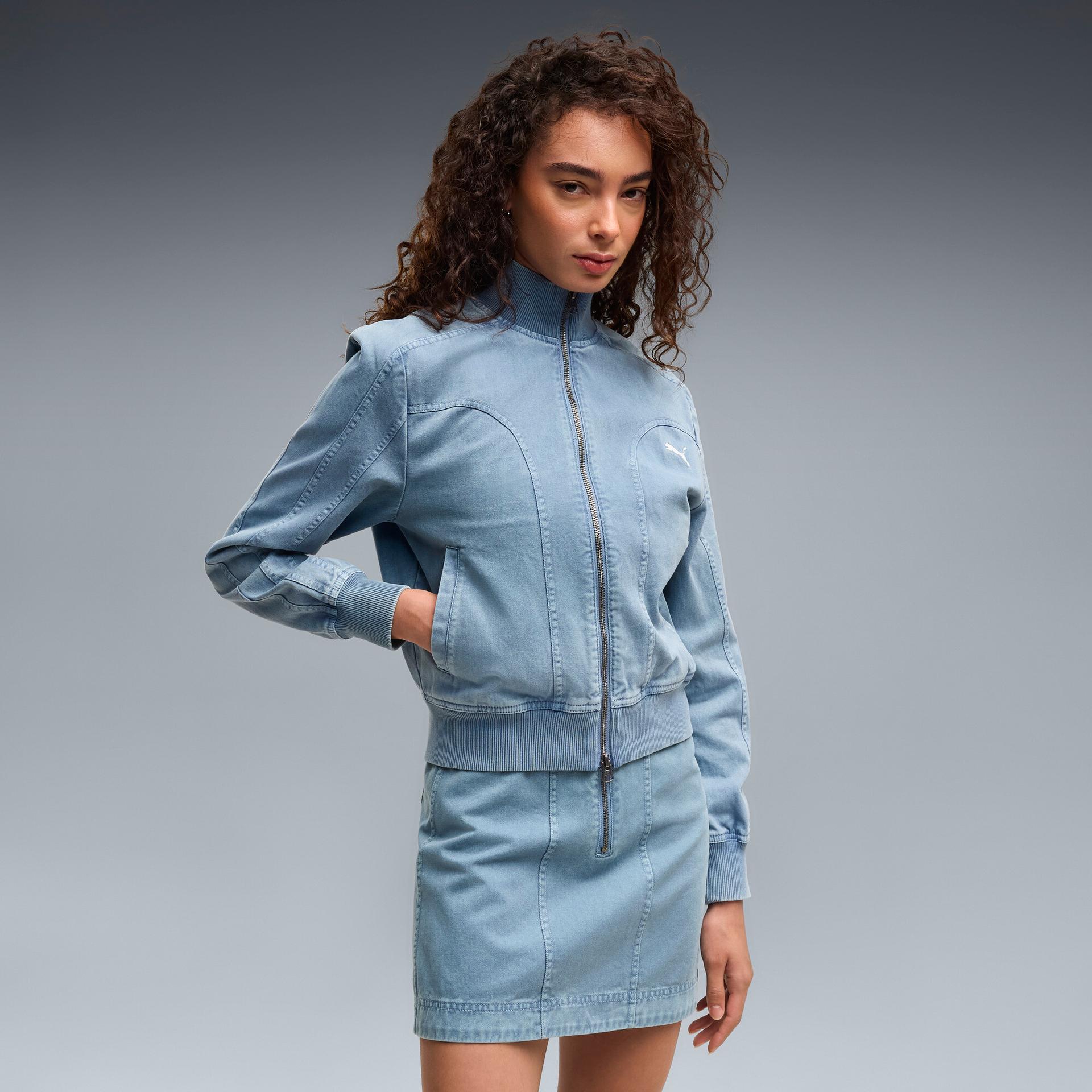 future.puma.archive women's washed twill short jacket in blue, size xs