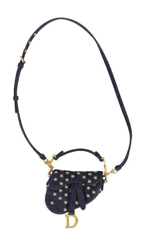 fwrd renew dior denim embroidered micro saddle bag blue in blue.