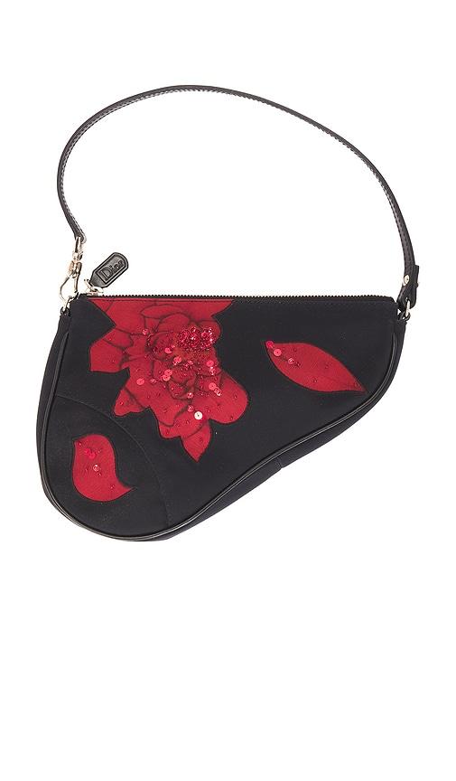 fwrd renew dior satin embroidered limited edition mini saddle bag in black.