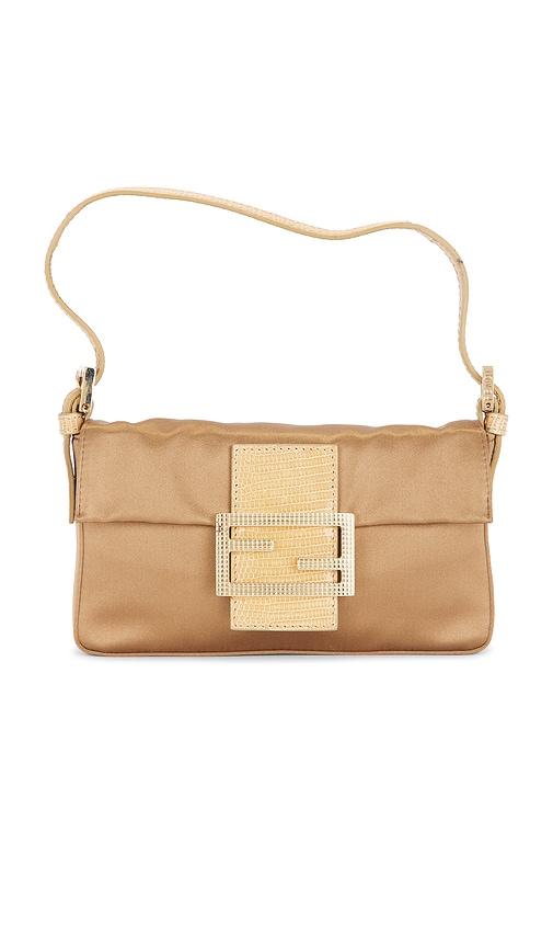 fwrd renew fendi crystal embellished satin mini baguette shoulder bag in metallic gold.