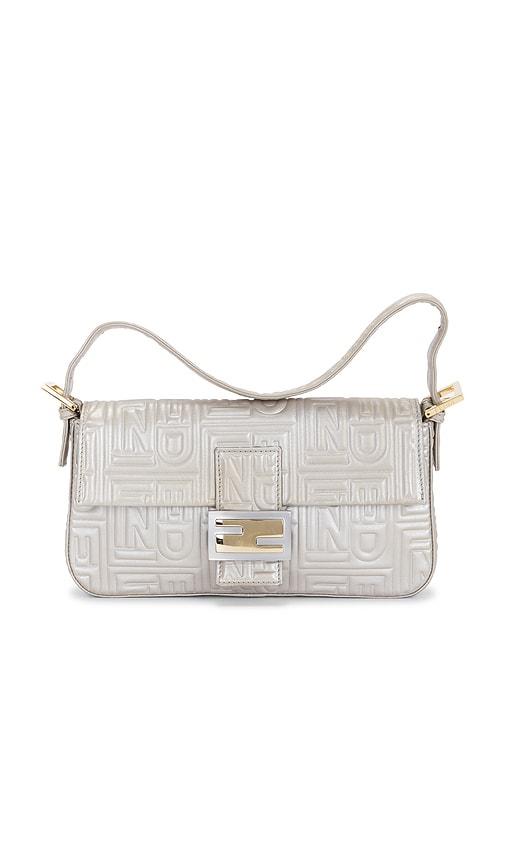 fwrd renew fendi logo embossed baguette shoulder bag in metallic silver.