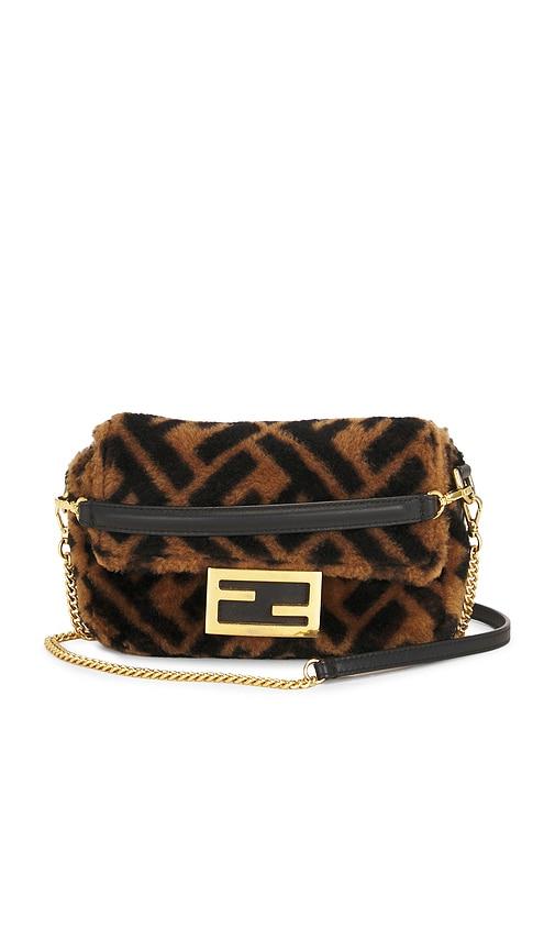 fwrd renew fendi shearling vitello dolce macro ff 1974 mini baguette shoulder bag in brown.