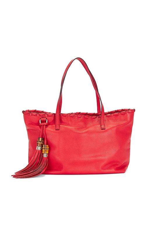 fwrd renew gucci bamboo tassel tote bag in red.