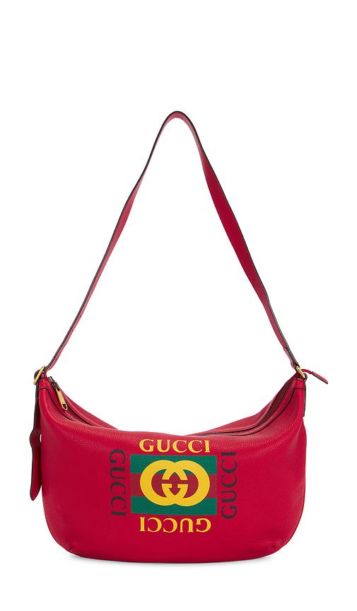 fwrd renew gucci half moon hobo bag in red.