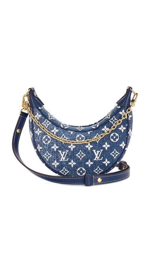 fwrd renew louis vuitton monogram denim loop shoulder bag in blue.