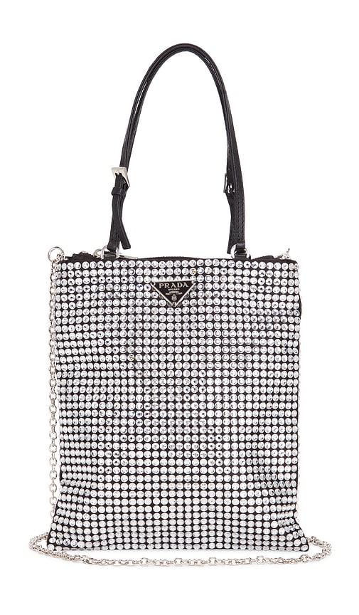 fwrd renew prada crystal embellished satin tote bag in metallic silver.