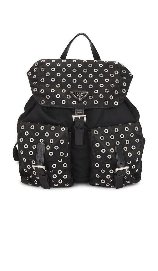 fwrd renew prada grommet embellished tessuto backpack in black.