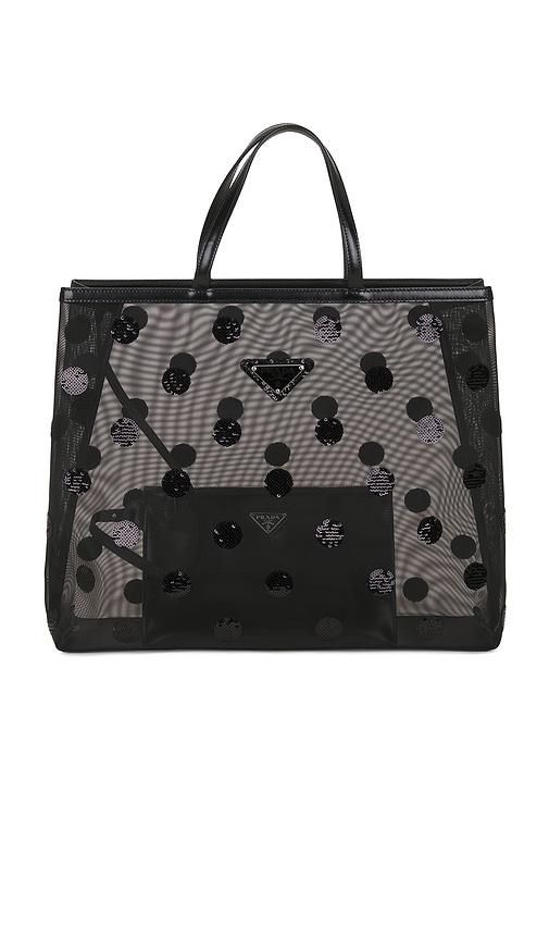 fwrd renew prada polka dot sequined mesh tote bag in black.