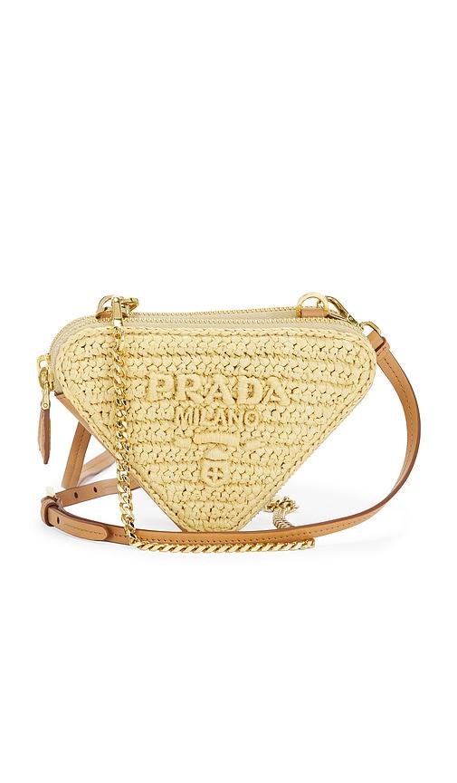 fwrd renew prada raffia mini triangle shoulder bag in beige.