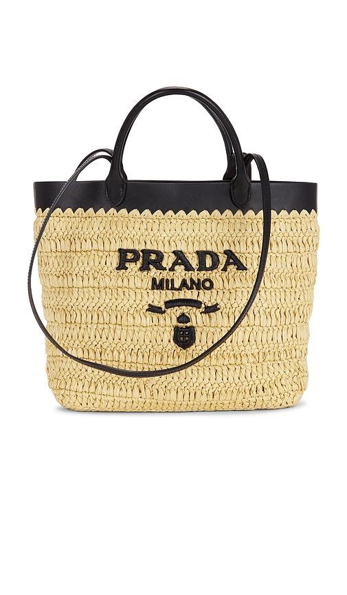 fwrd renew prada raffia tote bag in neutral.