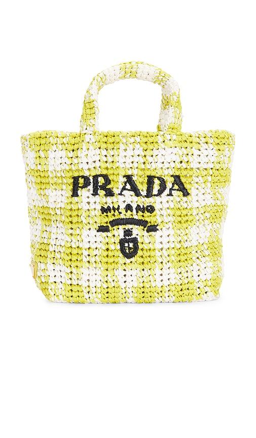 fwrd renew prada raffia tote bag in yellow.