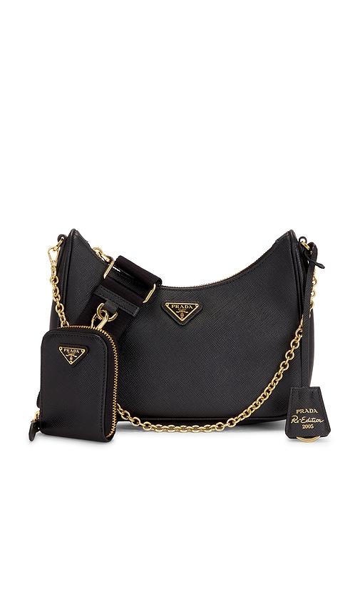 fwrd renew prada saffiano re-edition 2005 shoulder bag in black.
