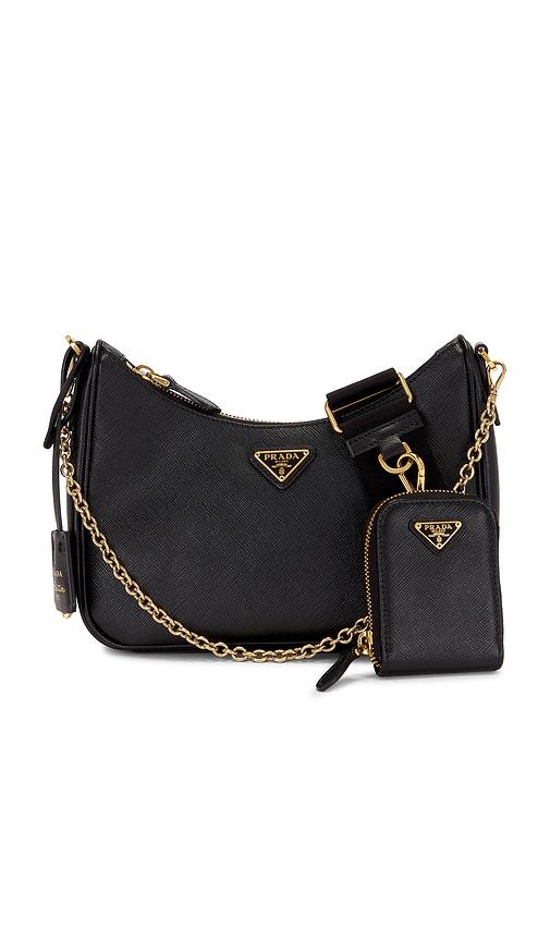 fwrd renew prada saffiano re-edition 2005 shoulder bag in black.