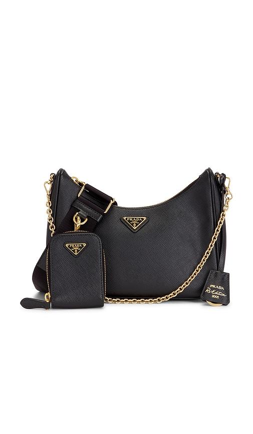 fwrd renew prada saffiano re-edition 2005 shoulder bag in black.