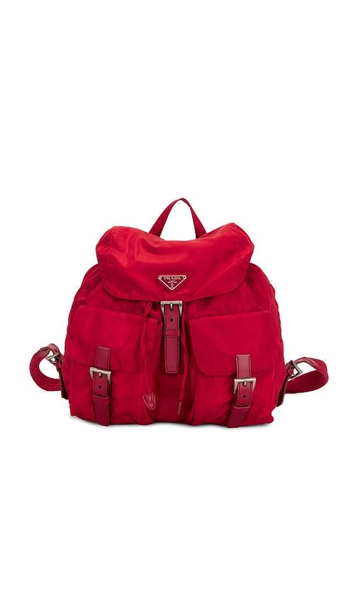 fwrd renew prada tessuto backpack in red.
