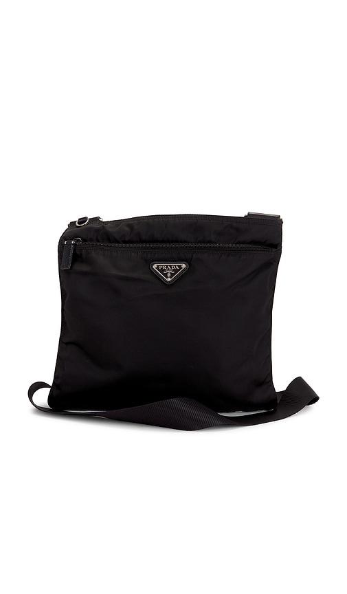 fwrd renew prada tessuto flat messenger bag in black.