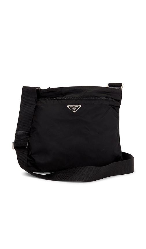 fwrd renew prada tessuto flat messenger bag in black.