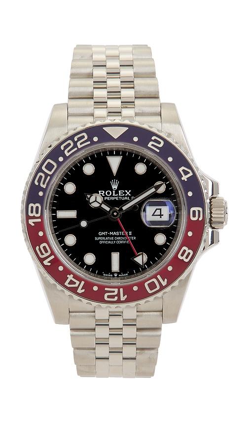 fwrd renew rolex gmt-master ii steel pepsi bezel automatic dial watch in metallic silver.
