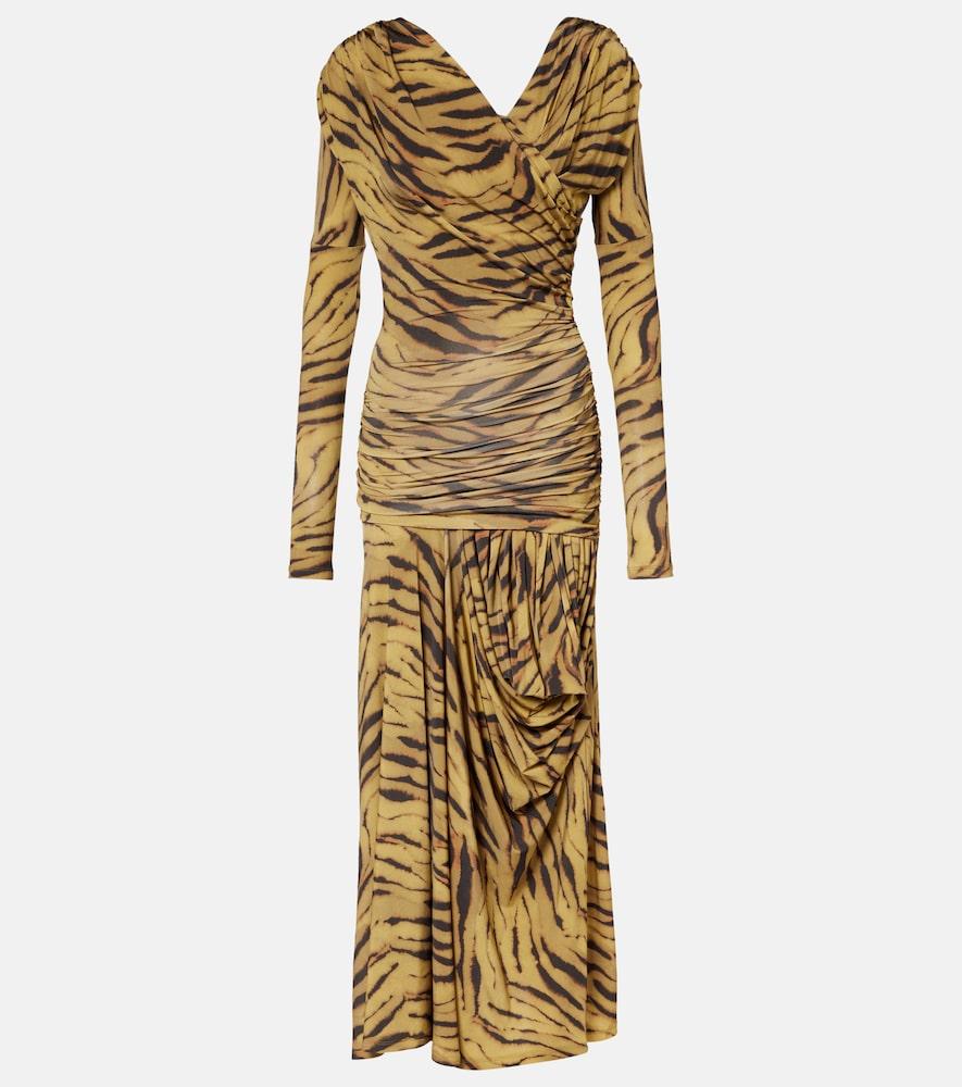 ganni asymmetric draped tiger-print maxi dress