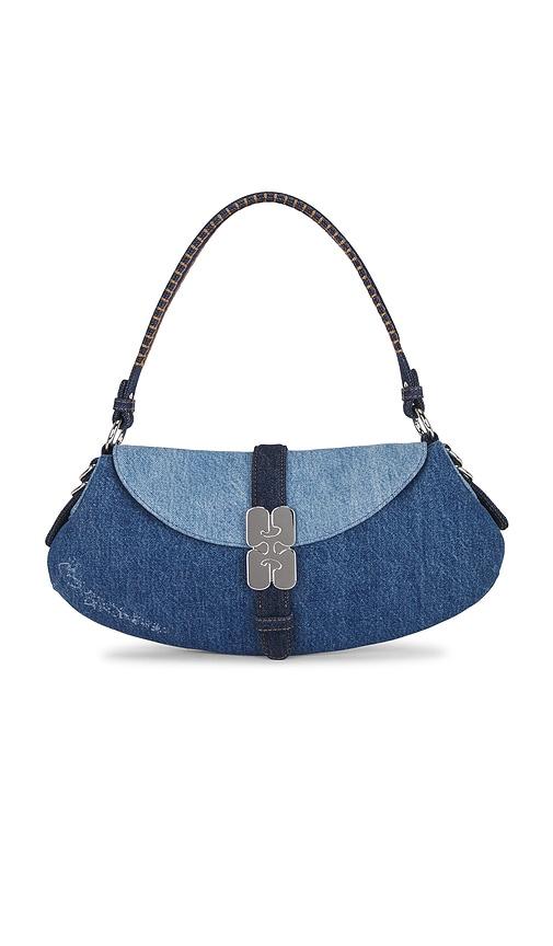 ganni b-kat denim shoulder bag in blue.