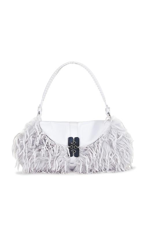 ganni b-kat feather bag in light grey.