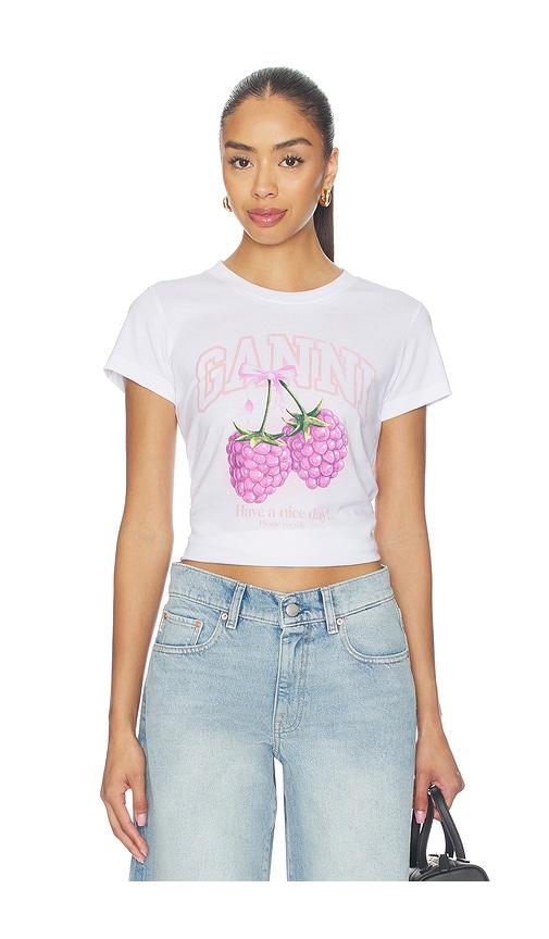 ganni baby fit raspberry t-shirt in white. - size m (also in xs, s, xl)