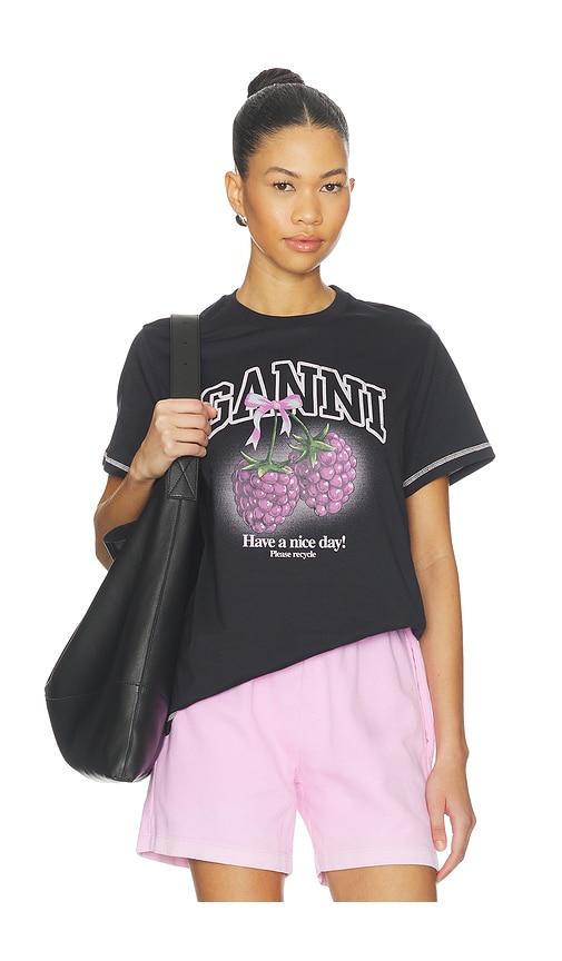 ganni basic cotton jersey raspberry print t-shirt in black. - size s (also in xs)