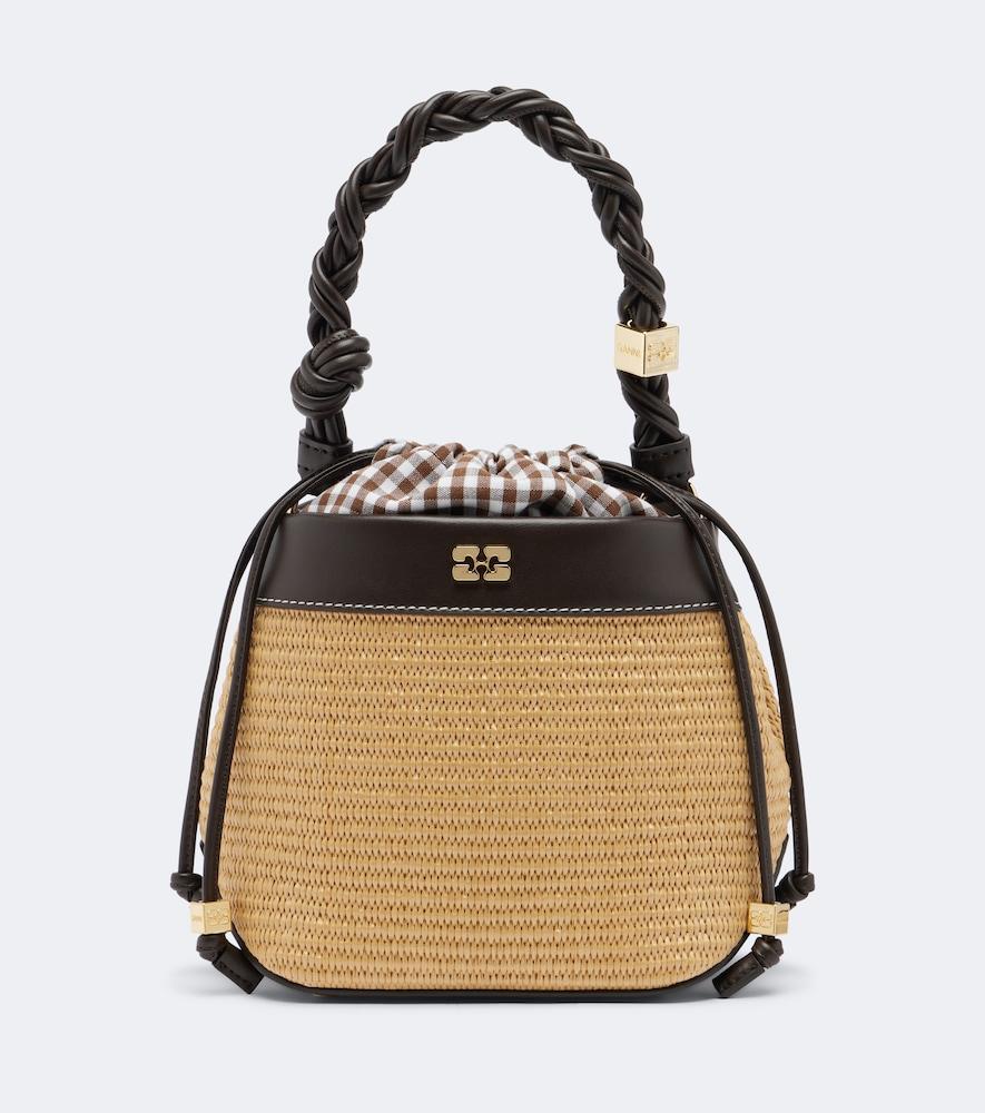 ganni bou small raffia-effect bucket bag