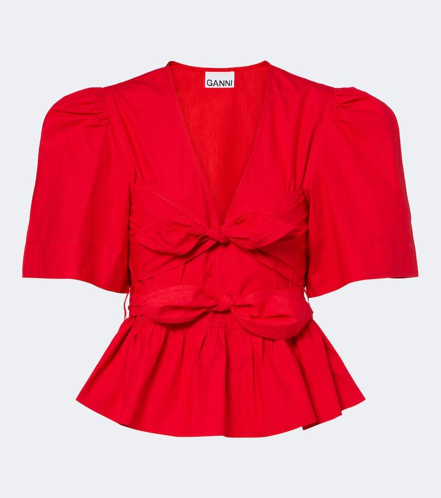 ganni bow-detail cotton poplin blouse