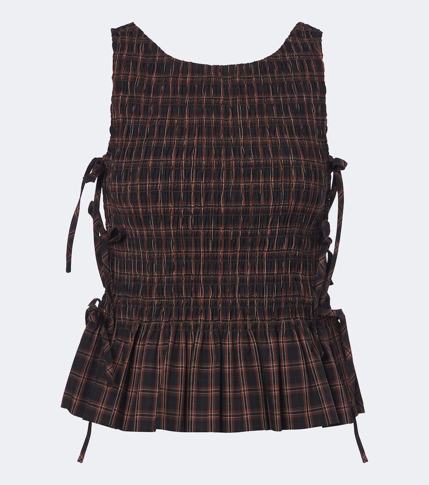 ganni checked shirred cotton top