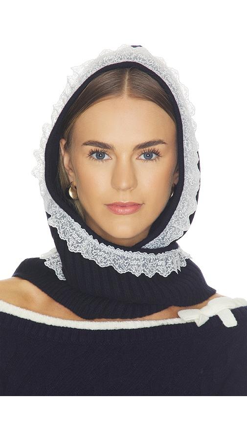 ganni compact wool balaclava lace in navy.
