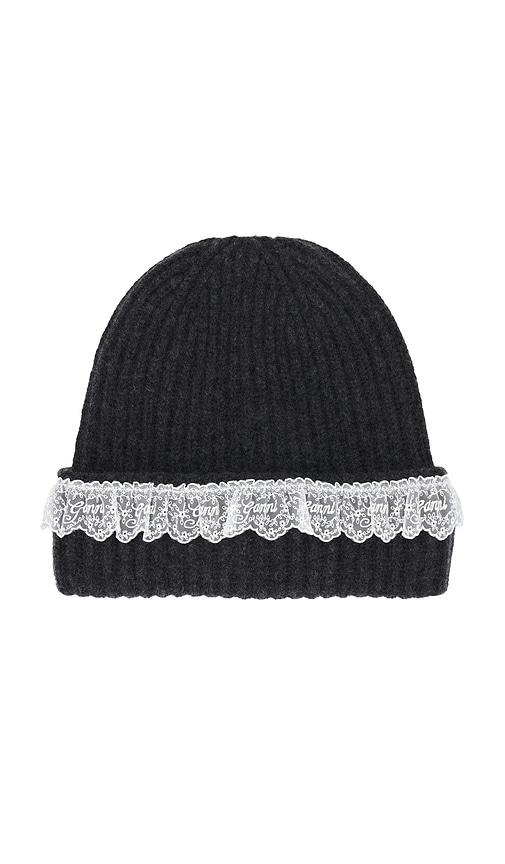 ganni compact wool lace beanie in grey.