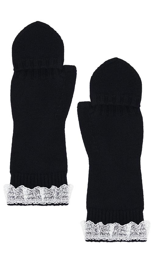 ganni compact wool lace mittens in black.