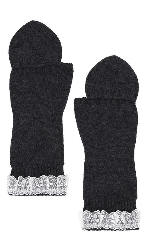 ganni compact wool lace mittens in charcoal.
