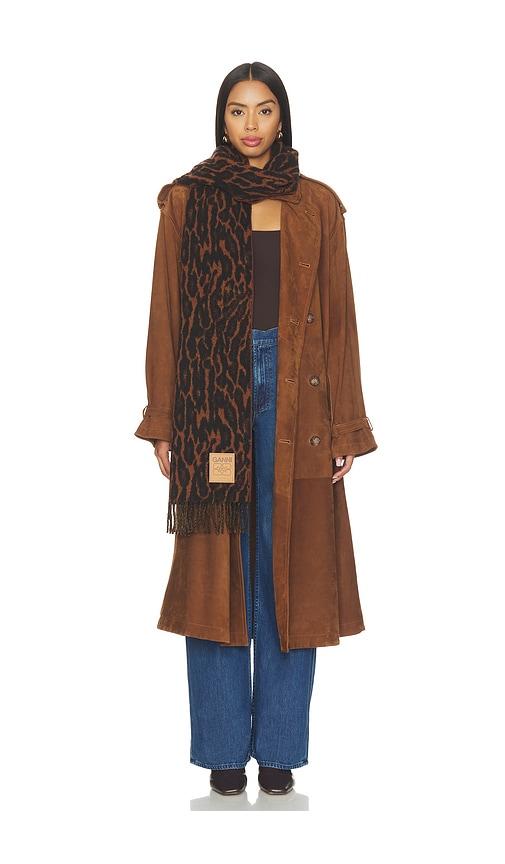 ganni compact wool scarf leopard in brown.