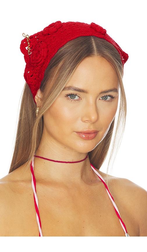 ganni crochet head scarf in red.