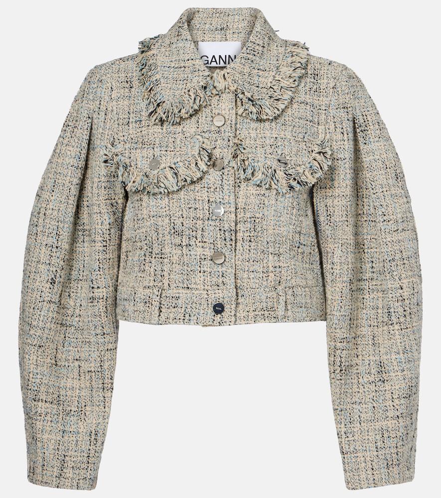 ganni cropped cotton tweed jacket