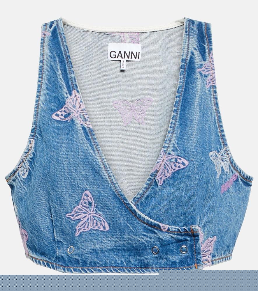 ganni embroidered denim crop top