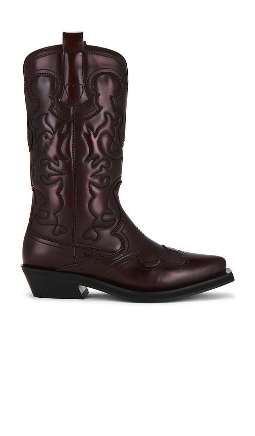ganni embroidered western boot in burgundy. - size 36 (also in 37, 40, 41)