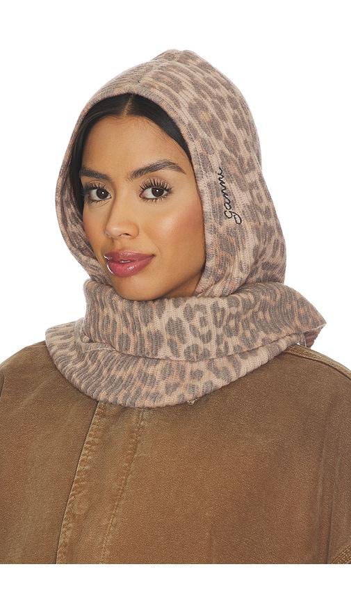 ganni graphic wool knit balaclava in brown.