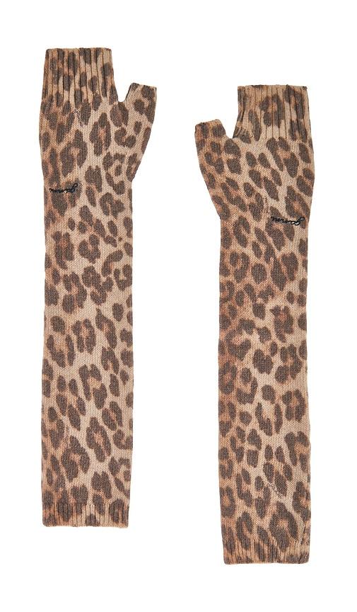 ganni graphic wool knit sleeve warmers in brown.